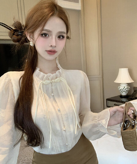실사 가을 패션 긴팔 셔츠 여성 새로운 중식 국풍 맨위 Chic 연령 감소 외국 가스 작은 셔츠