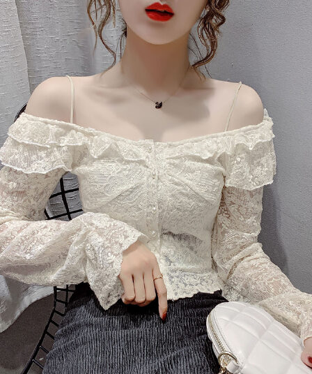 실사 2026 년 가을 새로운 울다 우아한 바람 보트넥 레이스 나팔 소매 몸매 가꾸기 슬림해 보이는 맨위