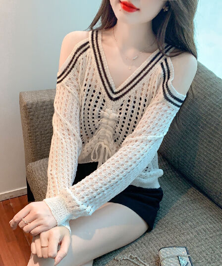 실사 2026 년 가을 한국 스타일 새로운 폭스 바겐 펌프 로프 패치워크 색상 오프숄더 마이크로 ~을 통해 긴팔 자외선 차단 니트 스웨터