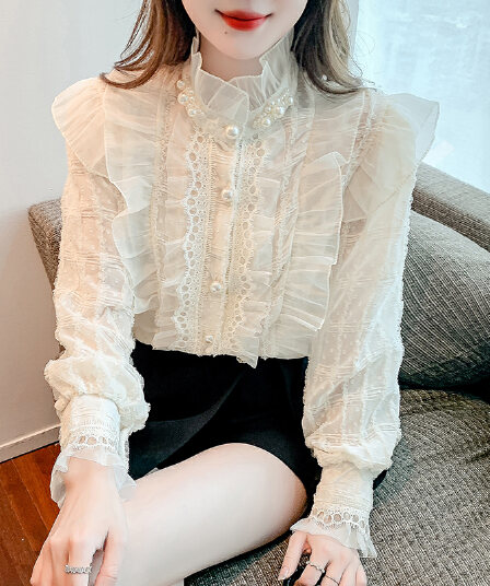실사 2026 가을 새로운 무거운 작업 비즈 박기 레이스 칼라 여성 셔츠 프릴 칼라 프랑스식 레트로 맨위