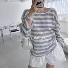 批发<b class='q'>韩国</b><b class='q'>代购</b><b class='q'>正品</b>东大门细线织条纹宽松夏季镂空薄款圆领百搭长袖T恤