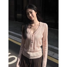 批发纯欲风藕粉色V领纽扣针织毛衣女装秋季小众别致减龄上衣