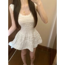 批发春日圆舞曲-镂空针织背心连衣裙夏日白色连衣裙女小众设计感露肩