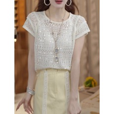 批发设计感重工亮片镂空圆领针织t恤女2025夏季新款薄款休闲短袖上衣