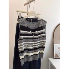 批发镂空拼色条纹V领无袖针织开衫背心女夏薄款新款时尚气质显瘦上衣