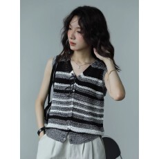 批发复古毛针织条纹背心夏开衫V领单排扣上衣薄款通勤慵懒小众设计
