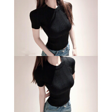 批发时尚圆领坑条短袖T恤女韩版纯欲风修身显瘦百搭上衣