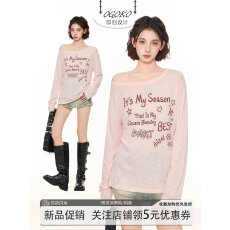 批发IFSAWX粉色斜肩露肩长袖t恤女夏季宽松外搭薄款微透防晒罩衫上衣