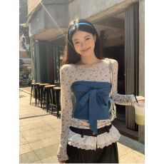 批发蓝色小碎花微透修身<b class='q'>长袖</b>T恤女春季新款内搭<b class='q'>打底衫</b>显瘦上衣