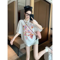 批发2025夏季21支纯棉210克100%棉彩色花朵涂鸦印花短袖T恤<b class='q'>女</b>