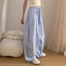 批发蓝色条纹冰丝阔腿裤女薄款2025<b class='q'>新款</b>高腰宽松休闲跳舞<b class='q'>运动</b>工装裤