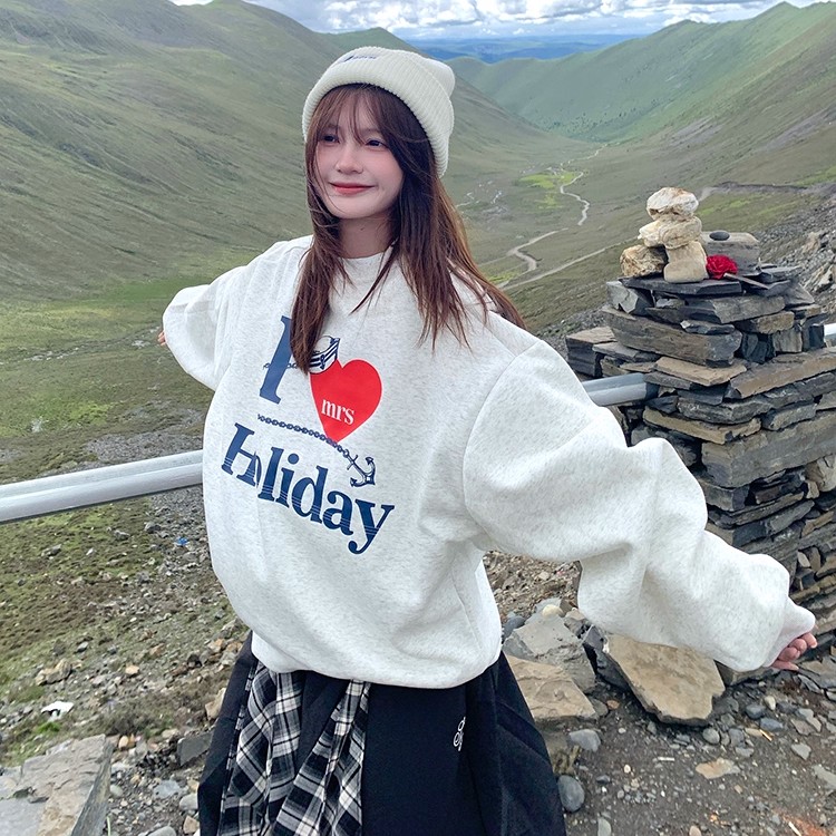 曼巴棉280克美式复古爱心印花圆领卫衣女2025年早秋新款上衣