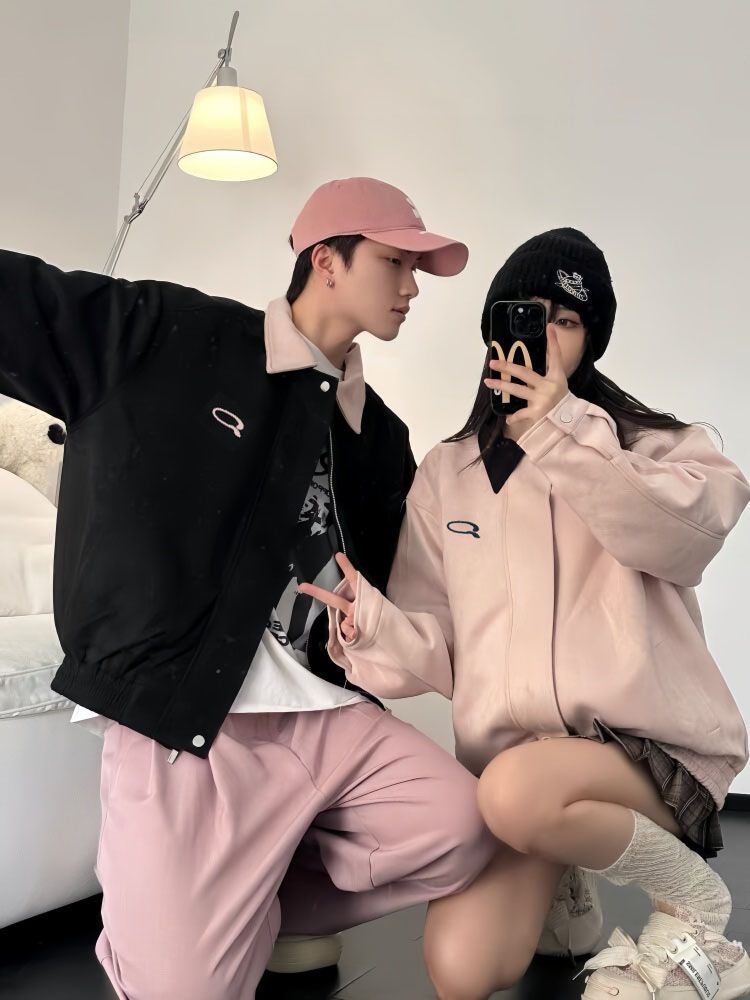 潮牌情侣绣花夹克短外套 ins韩系复古机车服防麂皮绒粉色女新款