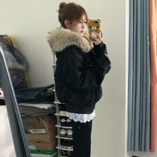 国潮加绒加厚外套女短款2025冬季新款宽松时尚百搭休闲派克服洋气