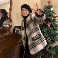 小香风夹棉加厚毛呢外套女冬季大码胖妹妹气质显瘦千鸟格呢子大衣