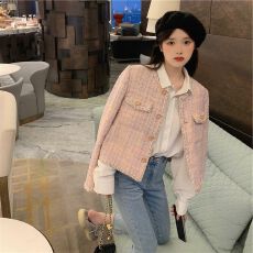 粉色小香风外套春秋女2025新款韩系甜美名媛风减龄粗花呢短款上衣
