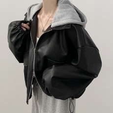 批发韩国chic秋<b class='q'>冬</b>复古洋气拉链大口袋休闲宽松百搭短款连帽皮衣外套女