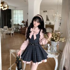 批发Blovelan雾蓝 深秋新款少女感蝴蝶结衬衫格纹收腰蓬蓬<b class='q'>百褶</b>连衣裙