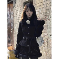 批发富家千金高级感法式气质加厚显瘦黑色毛领外套<b class='q'>半身裙</b>两件套装<b class='q'>女</b>冬