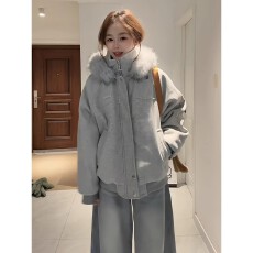 批发灰色美式复古连帽毛呢棉服女款冬季加厚保暖毛领拼接情侣<b class='q'>棉衣</b>外套