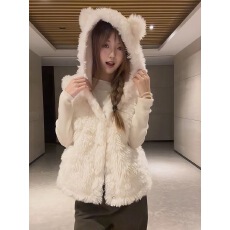批发小熊耳朵马甲连帽毛毛外套女2025冬季新款羊羔毛绒马夹坎肩<b class='q'>背心</b>