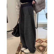 批发欧货条纹加绒直筒阔腿裤女2025秋冬新款高腰宽松显瘦拖地裤长裤潮