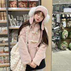 批发羊羔毛绒外套<b class='q'>女</b>秋冬季2025新款保暖款粉色牛角扣设计感超好看上衣