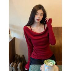 莫代尔人棉小众假两件拼接喇叭袖针织衫女2026春修身显瘦长袖上衣