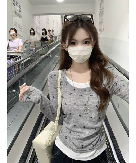 리브 De 플러시 270 그램 회색 비스듬한 어깨 모피 칼라 긴팔 티셔츠 여성 가을 겨울 순수한 욕망 오프숄더 기본 셔츠 맨위