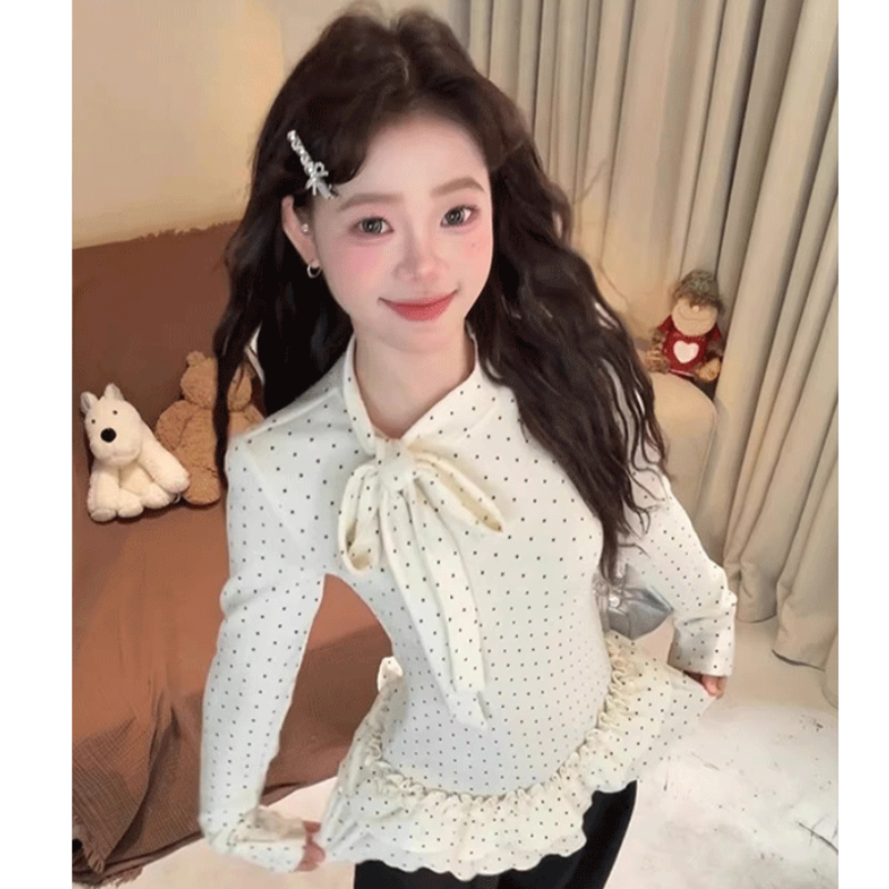 2026 봄 한 부서 스트랩 나비 매듭 프릴 도트 무늬 기본 셔츠 여성 가을 겨울 인사이드 가져 가라. 몸매 가꾸기 슬림해 보이는 맨위
