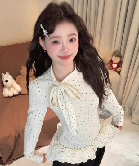 2026 봄 한 부서 스트랩 나비 매듭 프릴 도트 무늬 기본 셔츠 여성 가을 겨울 인사이드 가져 가라. 몸매 가꾸기 슬림해 보이는 맨위