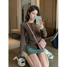 批发官图特价长袖t恤打底衫女装春秋<b class='q'>新款</b>潮纽扣碎花短款修身圆领上衣