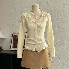 批发法式V领蕾丝花边针织衫女冬季<b class='q'>新款</b>独特洋气修身漂亮内搭打底上衣