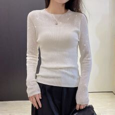 批发法式白色烫钻针织上衣初秋<b class='q'>新款</b>女装独特超好看修身显瘦轻国风小衫