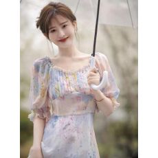 批发茶歇法式别致绝美温柔高级感名媛气质小香风紫色碎花连衣裙<b class='q'>女</b>长<b class='q'>裙</b>