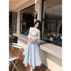 批发气质蓝色不规则斜裁拼接绑带收腰背带连衣裙时尚<b class='q'>百搭</b>求职季小众款