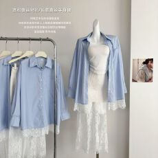批发原版面料蓝色蕾丝拼接长袖衬衫女春季宽松外搭衬衣外套<b class='q'>中长款</b>上衣