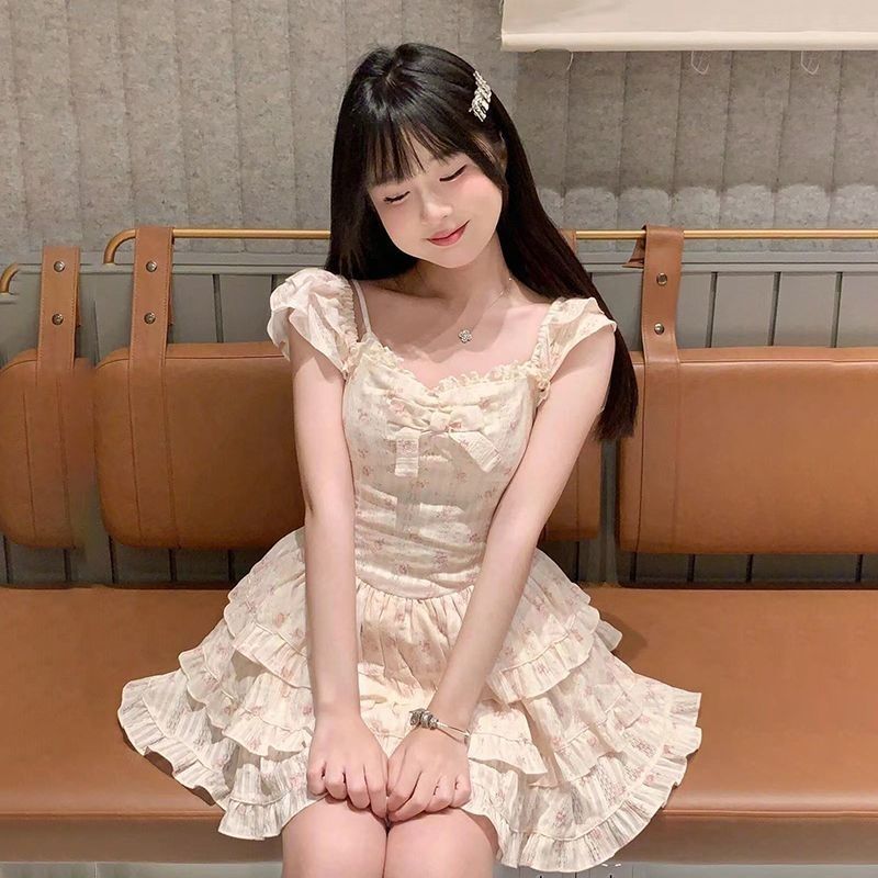 발레 바람 작은 키 꽃무늬 드레스 여름 부드러운 프랑스식 디자인 센스 달콤함 퍼프 케이크 미니 스커트 아이들