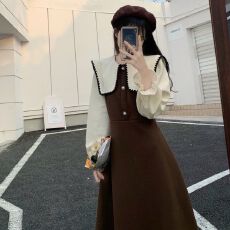批发法式复古春秋女装连衣裙2026<b class='q'>韩版</b>翻领设计感撞色<b class='q'>长袖</b>时尚简约长裙