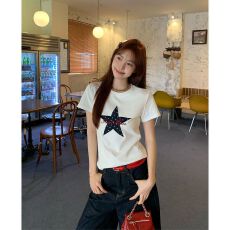 220克40支奥代尔带弹力92棉8氨纶印花圆领正肩短袖T恤女