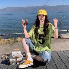 韩国宽松ins慵懒数字印花纯棉短袖上衣女2026夏季新款遮肉显瘦T恤