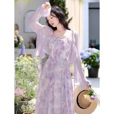 批发吊带连衣裙女夏气质高级感紫色独特漂亮吊带裙配防晒开衫<b class='q'>两件套装</b>