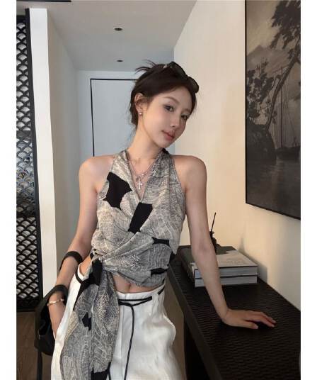 셔틀 제직 그리드 레트로 프린트 십자가 V넥 행침 목 캐미솔 여름 스트랩 몸매 가꾸기 맨위