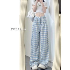 批发2026春季内包边 蓝色格子休闲裤女新款<b class='q'>大码</b>宽松显瘦阔腿裤子