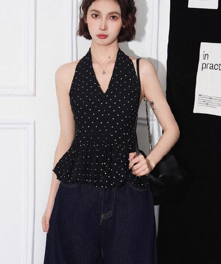 핫걸 바람 행침 목 도트 무늬 민소매 조끼 여성 의류 여름 새로운 V넥 몸매 가꾸기 슬림해 보이는 기본 셔츠