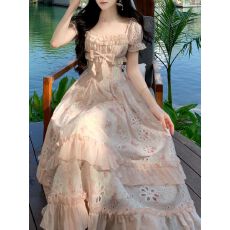 批发Blovelan莉莉安花径 度假风镂空刺绣收腰长裙法式<b class='q'>少女</b>碎花连衣裙