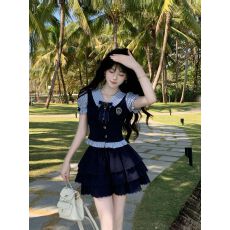 批发复古条纹假两件短袖衬衫上衣搭荷叶边显瘦蓬蓬蛋糕裙学院风套装