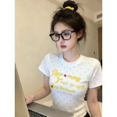 批发韩系波点<b class='q'>字母</b>印花正肩短袖<b class='q'>t</b><b class='q'>恤</b>女夏季甜辣妹修身显瘦短款上衣ins潮