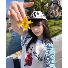 批发复古华夫格迷彩插肩短袖<b class='q'>t</b><b class='q'>恤</b>男女宽松小众设计感撞色半袖上衣