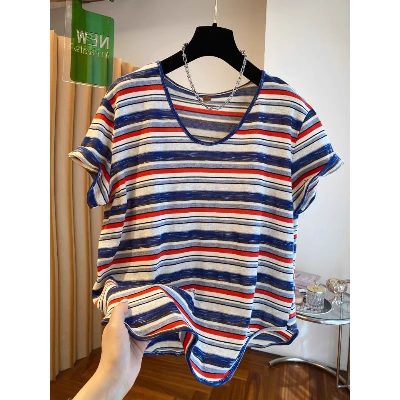RY3496# 原版面料特大码240斤韩版甜美撞色u领条纹短袖t恤女